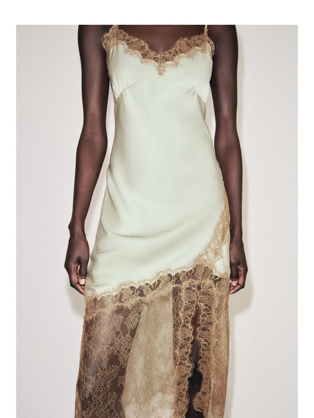 Zara Lace-Trim Slip Dress in Pale Green and Brown SOLD OUT STYLE
